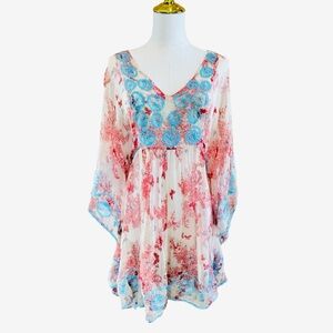 Gorgeous Pure Silk Sheer Floral Mini Dress Swim Cover Kaftan Women’s M-L Boho